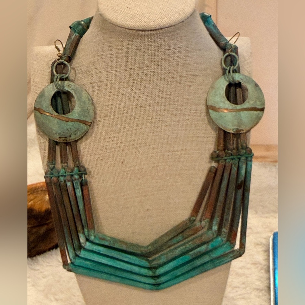 Patina Green Metal Statement Bib Necklace & Matching Metal earrings
